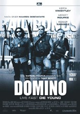 DVD-Cover: Domino  Die Fast, Die Young, mit Keira Knightley, Mickey Rourke, Edgar Ramirez, Christopher Walken, Delroy Lindo, Ian Ziering, Brian Austin Green, Lucy Liu, Jacqueline Bisset, Mena Suvari, Macy Gray, Riz Abbasi, Jerry Springer, ...